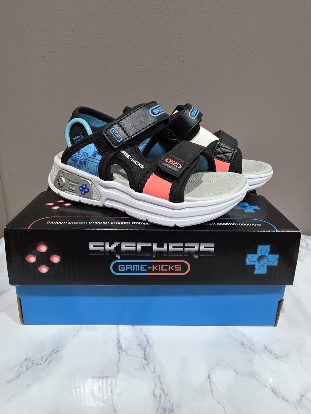 Skechers Kids Black & Coral & Teal Game-Kicks Sandals